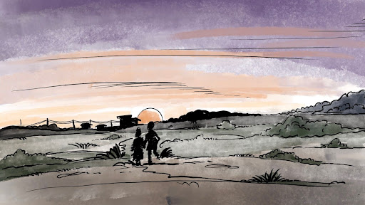 Two figures walk towards a sunset on a grassy landscape with a purple and orange sky.
